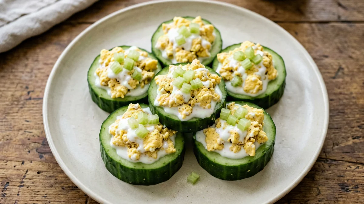 Curried egg and celery salad on cucumber rounds