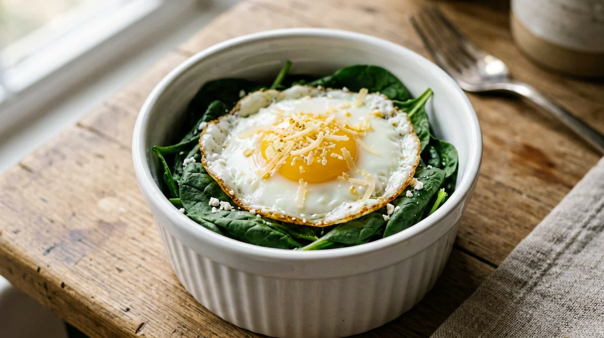 Baked egg cocotte with spinach and ricotta