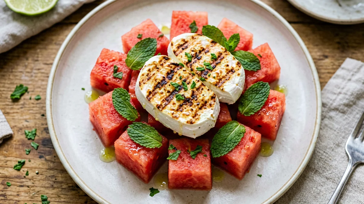Grilled halloumi with watermelon and mint