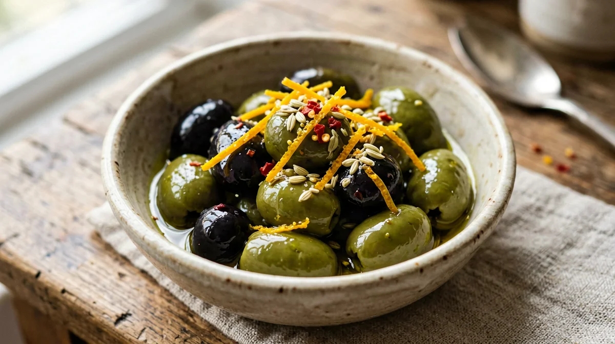 Citrus and fennel seed marinated olives