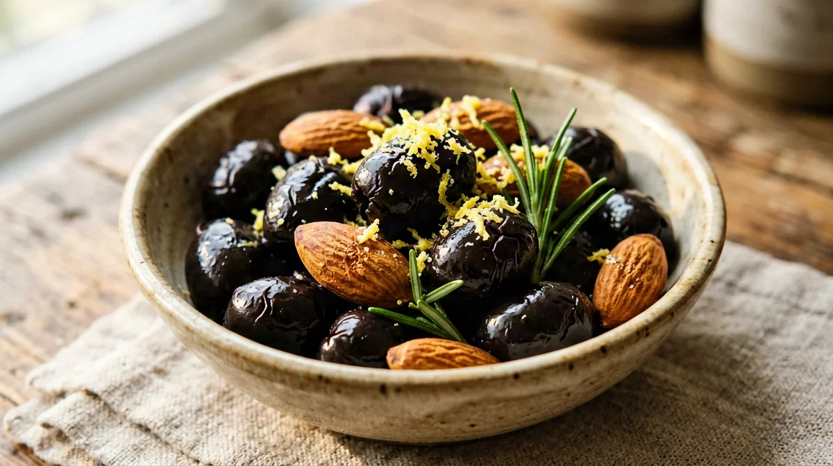 Oven-warmed black olives with almonds and rosemary