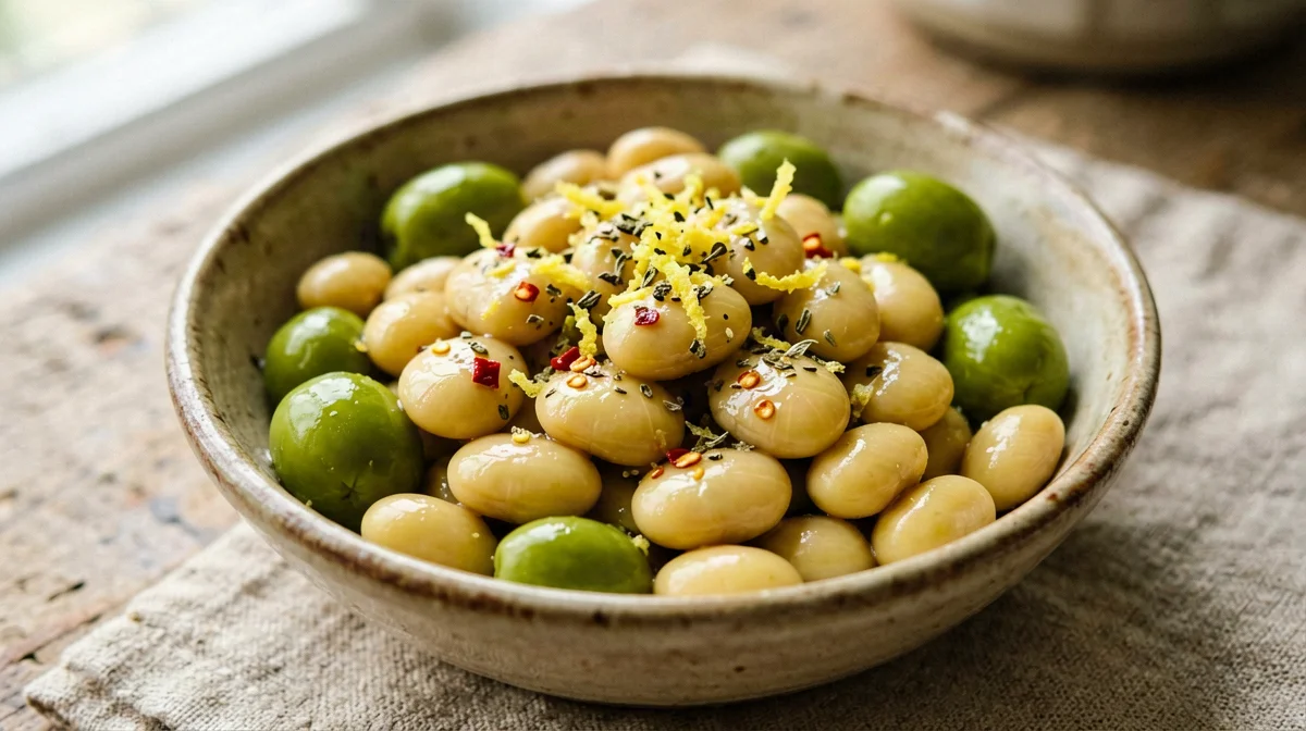 Lupin beans and green olives with lemon and chilli