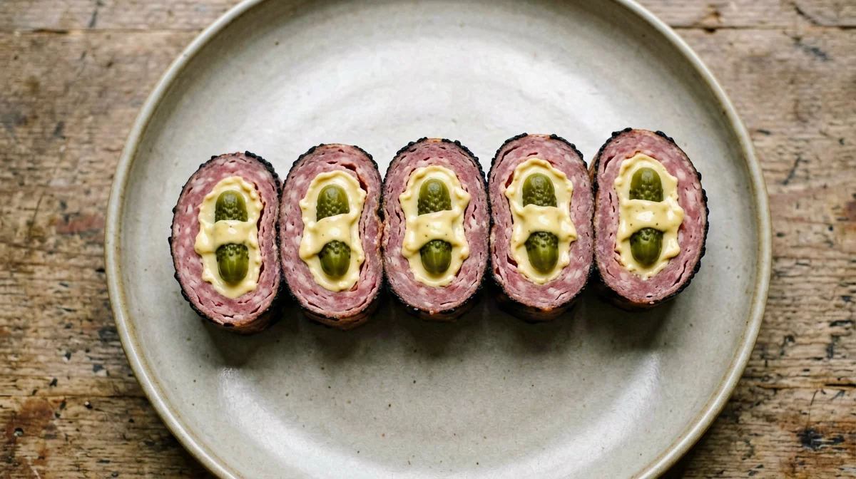 Pastrami rolls with gherkins and mustard