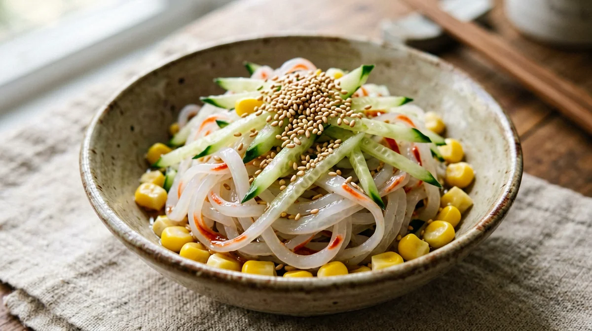 Surimi, cucumber and sweetcorn sesame salad