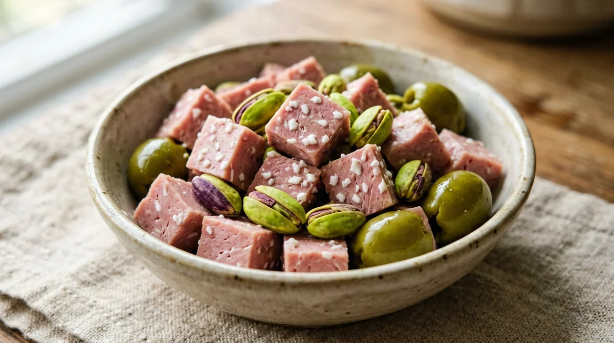 Dadini di mortadella con pistacchi e olive verdi