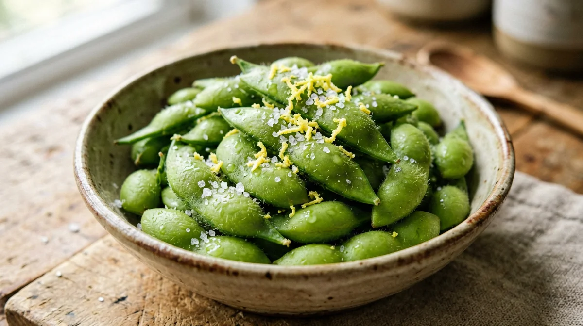 Steamed edamame with salt and lemon