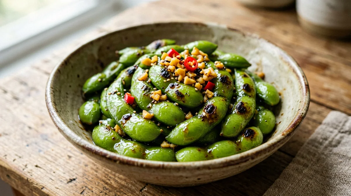 Garlic, chilli and soy stir-fried edamame