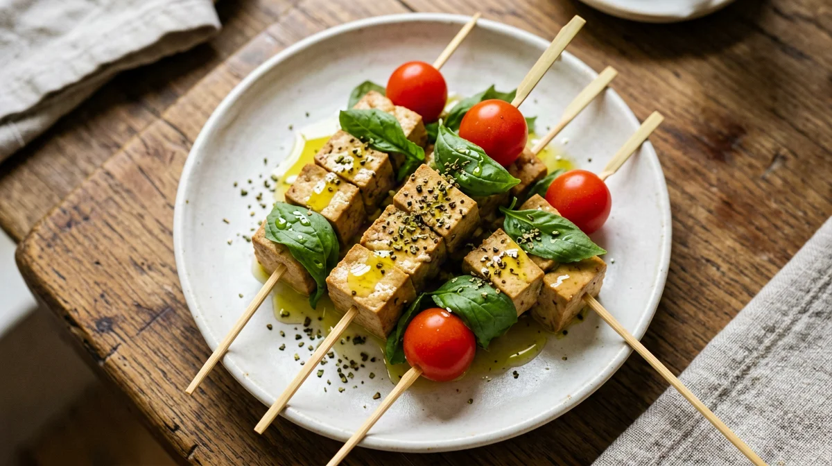 Spiedini di tofu affumicato, pomodorini e basilico