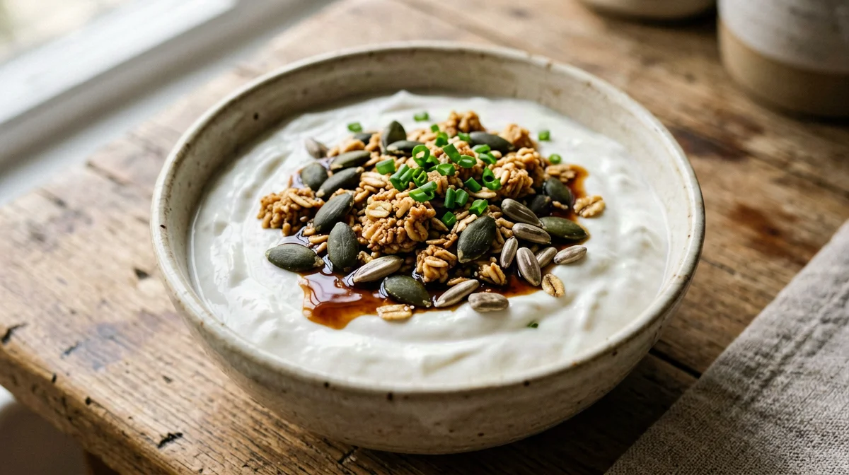 Savoury Greek yogurt with tamari seed granola