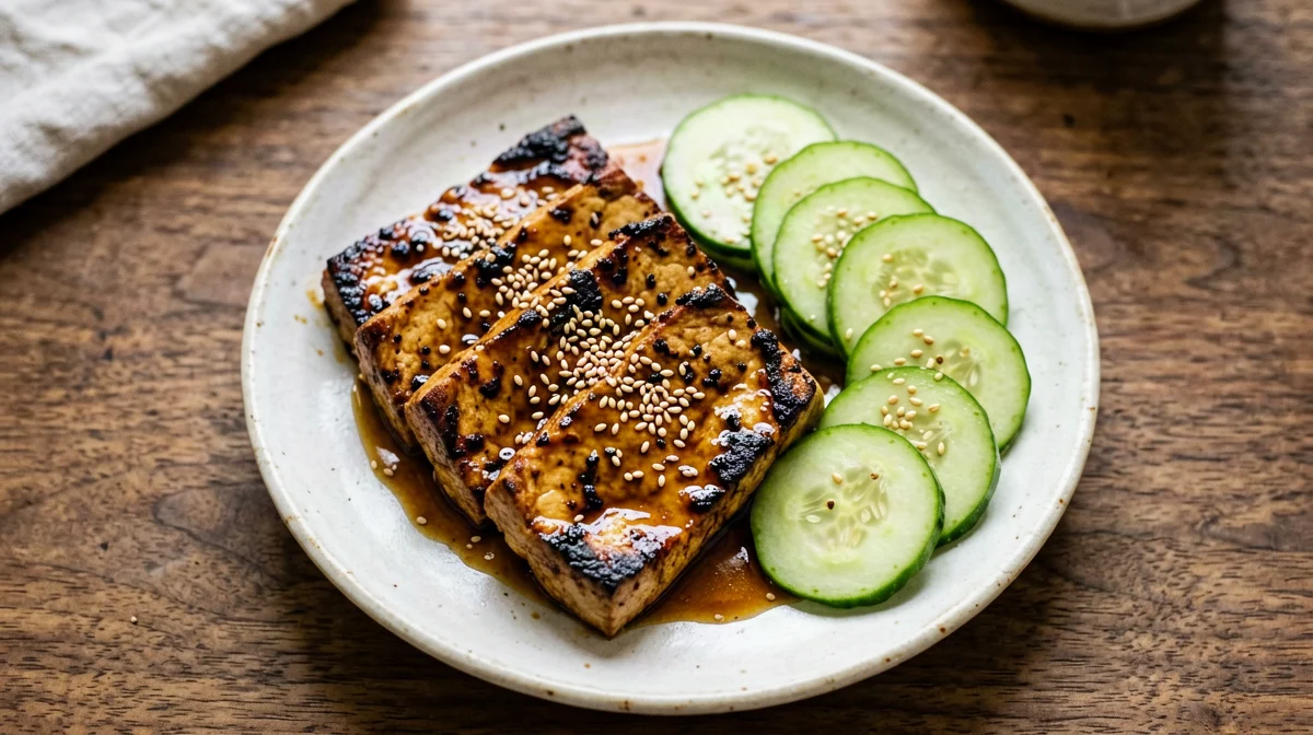 Miso-glazed tofu with cucumber and sesame