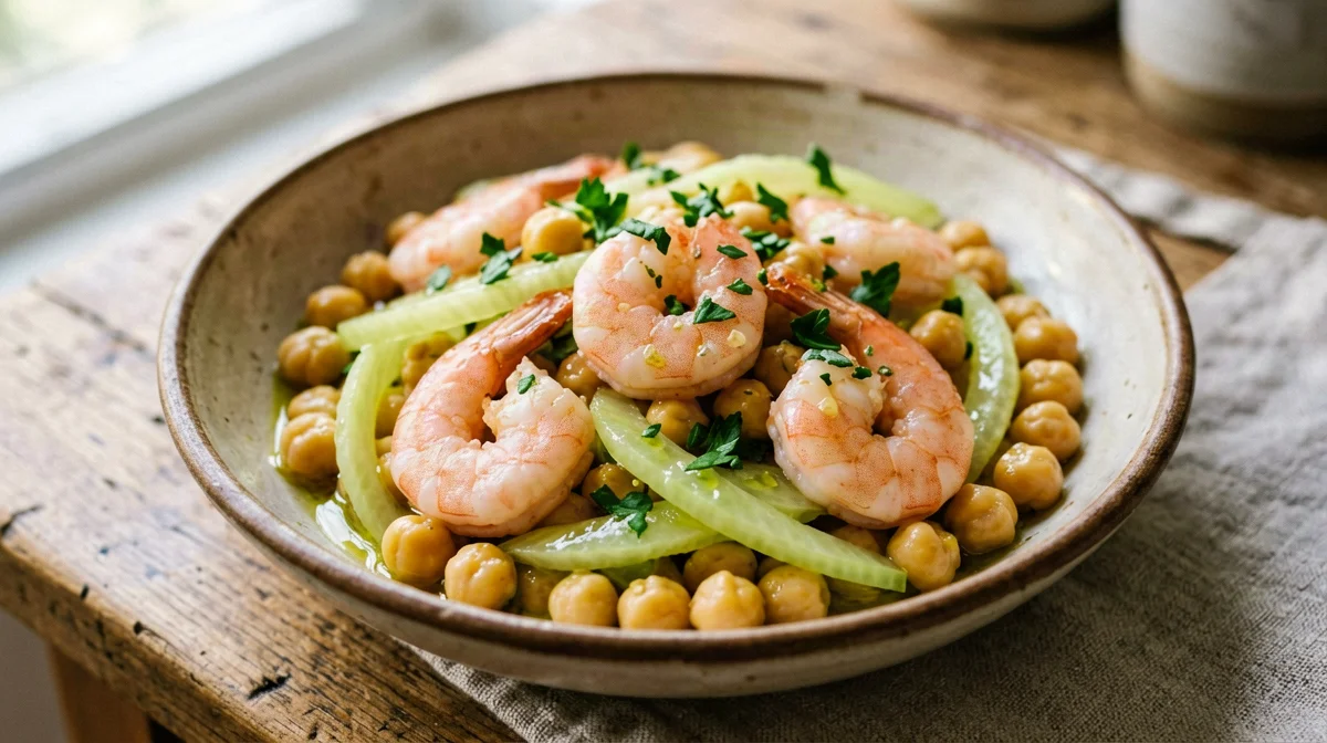 Lemony chickpea and prawn salad