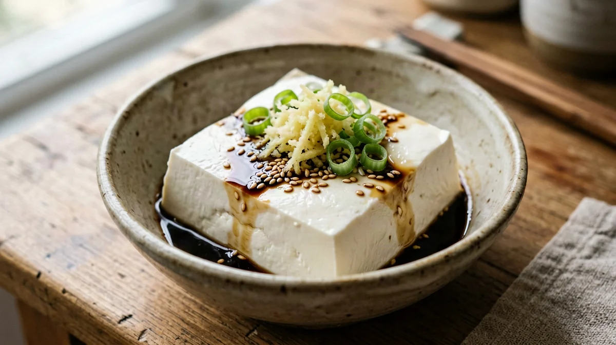Chilled silken tofu with soy, ginger and spring onion