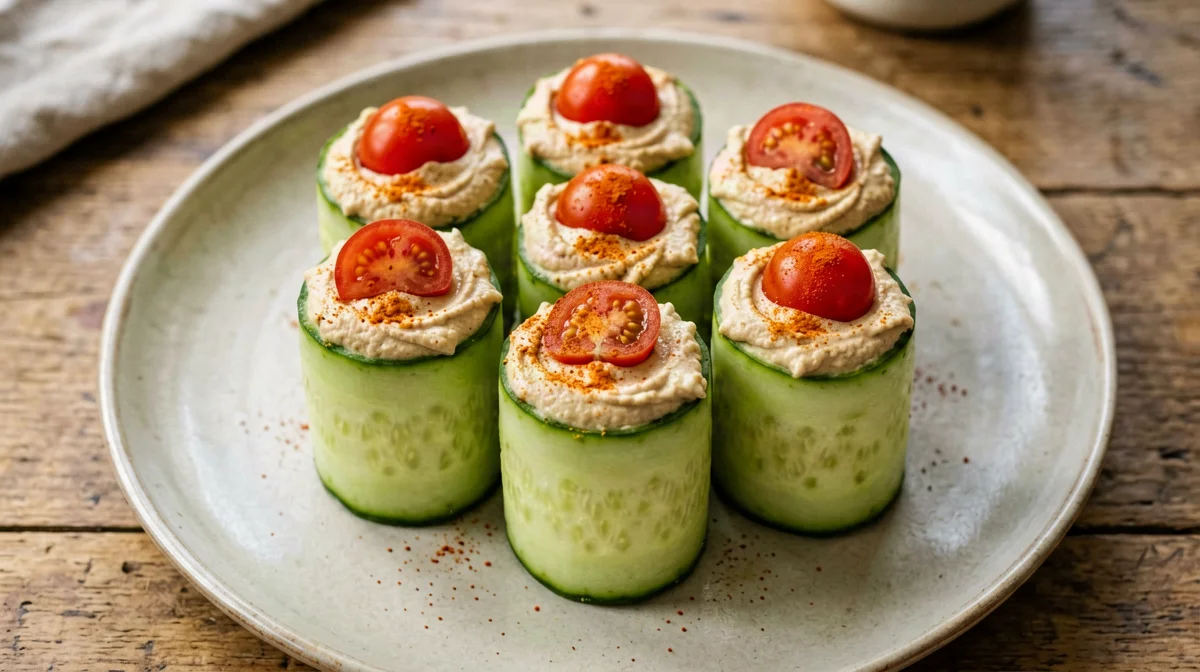Cucumber cups filled with hummus and cherry tomatoes