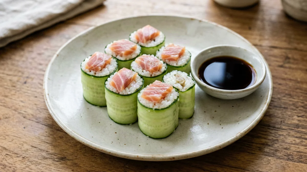 Cucumber rolls with rice and smoked salmon