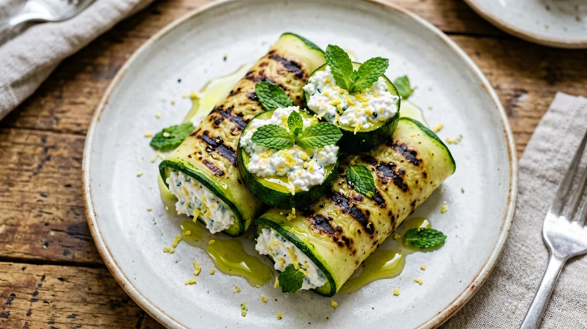 Grilled courgette rolls with ricotta and mint