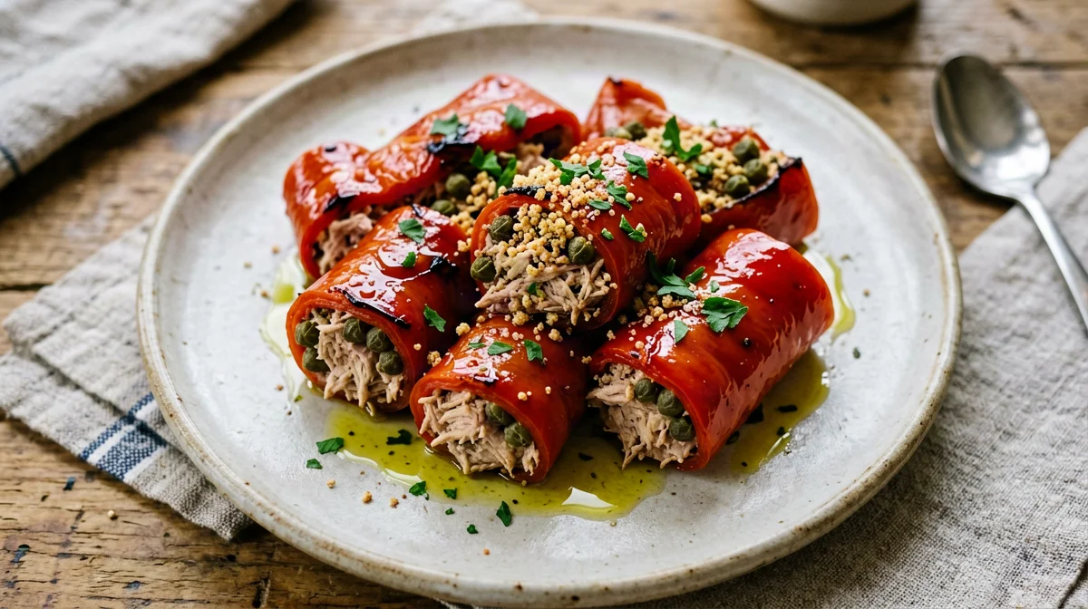 Roasted pepper rolls with tuna and capers