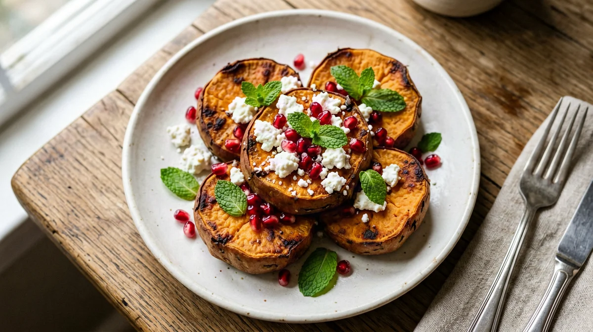 Sweet potato rounds with feta and pomegranate