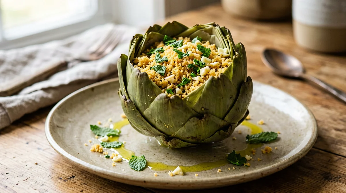 Baked stuffed artichoke with wild mint