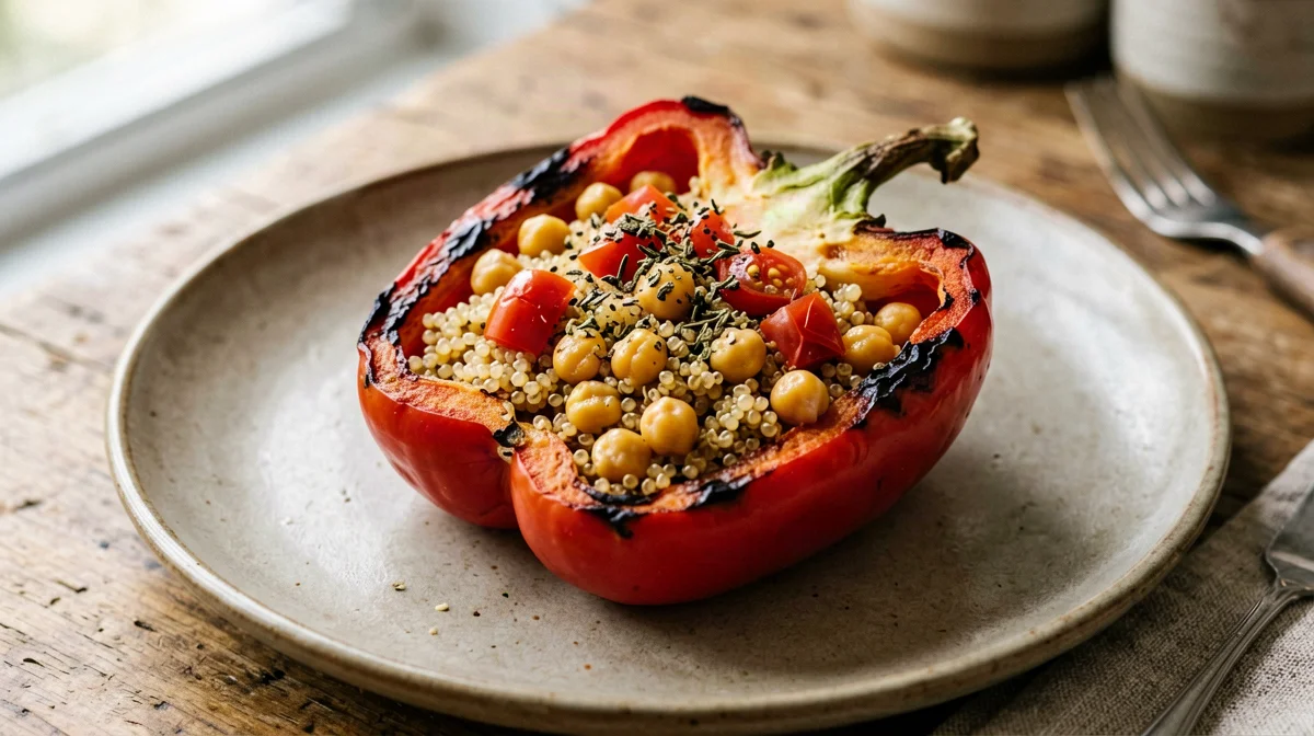 Half pepper stuffed with quinoa and chickpeas