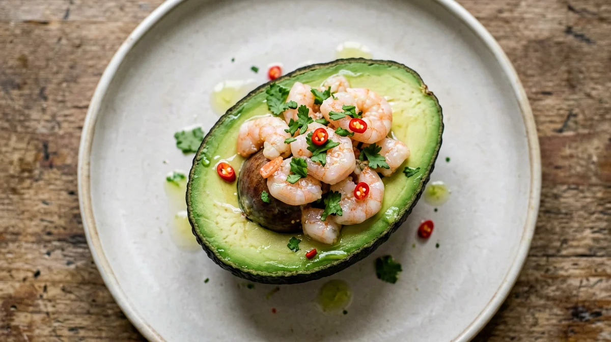 Avocado filled with lime prawns