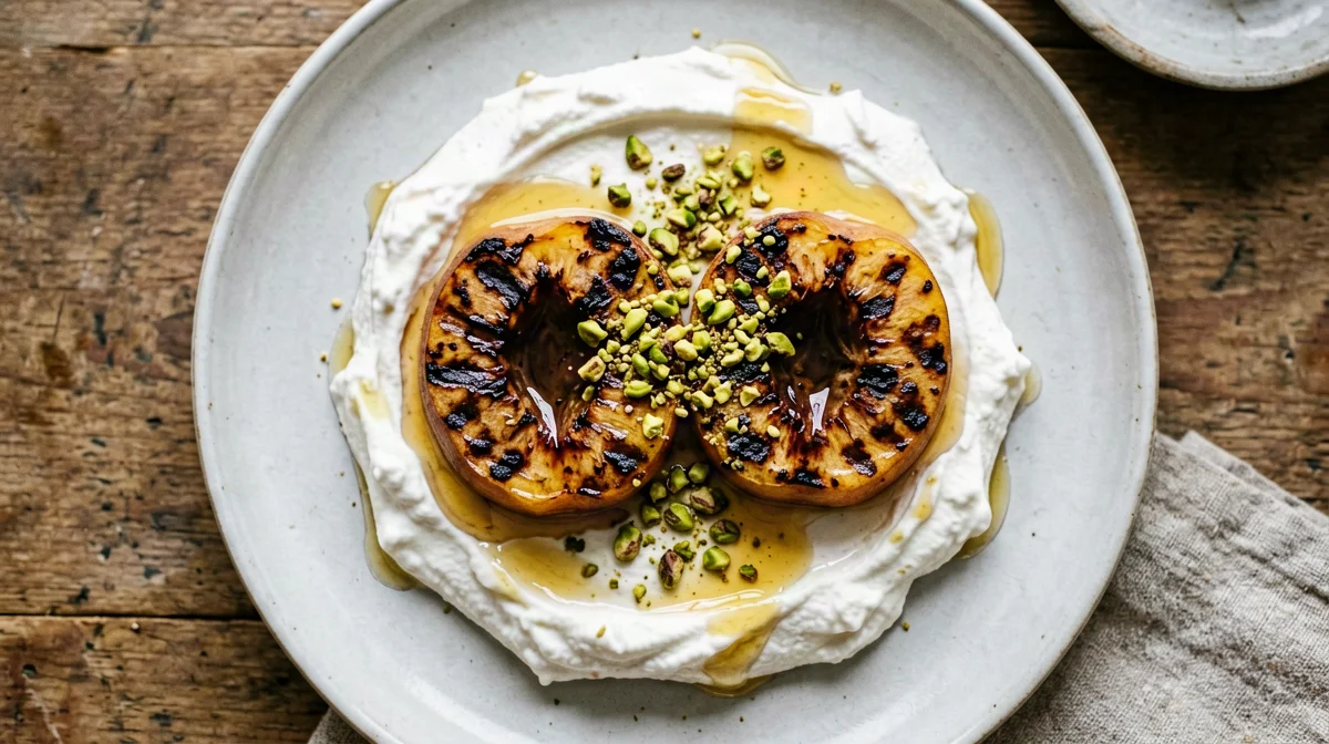 Pesca grigliata con yogurt greco e pistacchi