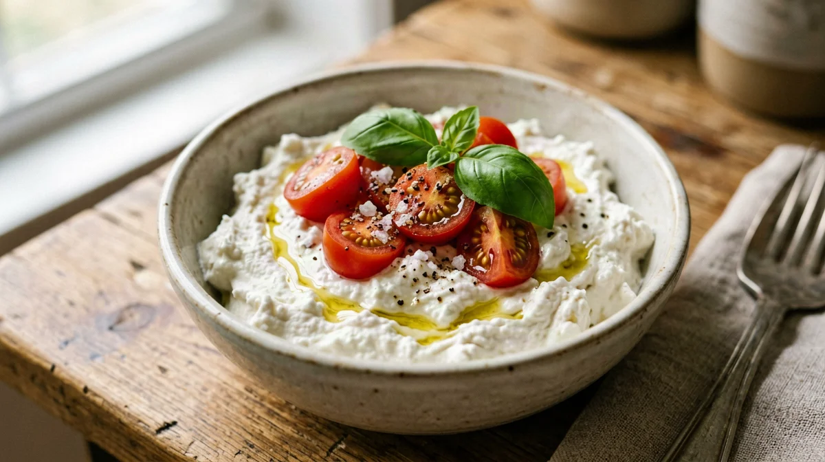 Cottage cheese with cherry tomatoes and basil