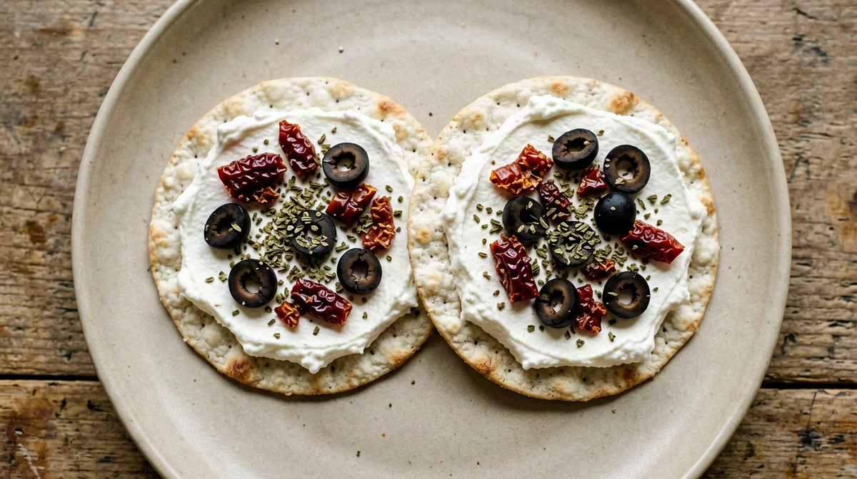 Ricotta with sun-dried tomatoes and olives on rice cakes