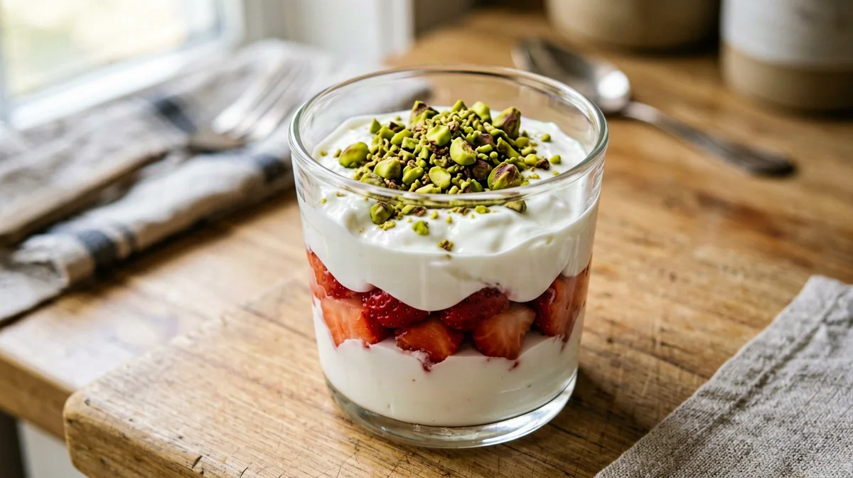 Coppa di yogurt greco, fragole e pistacchi