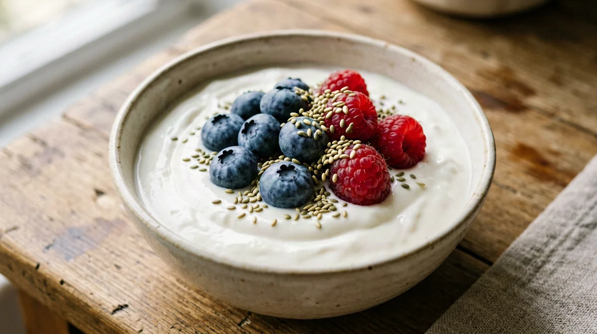 Yogurt di soia con frutti di bosco e semi di canapa
