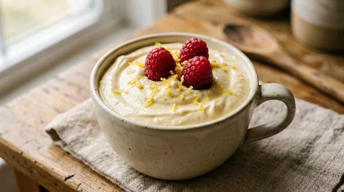 Lemon silken tofu cream with raspberries