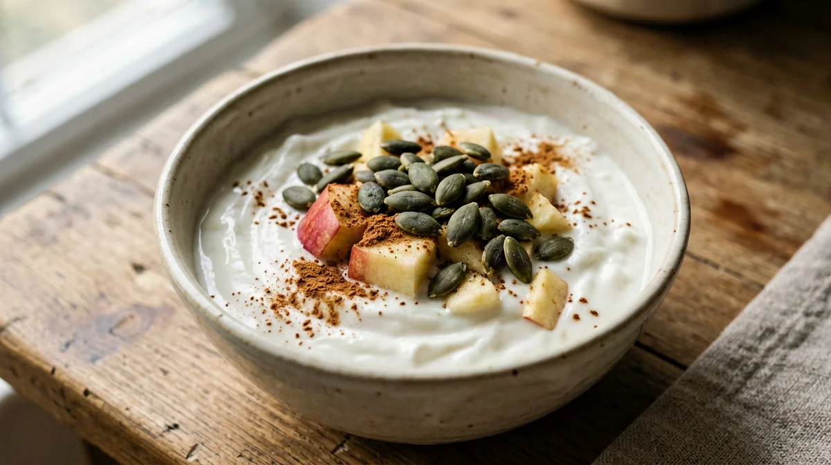 Soy yogurt with grated apple and pumpkin seeds