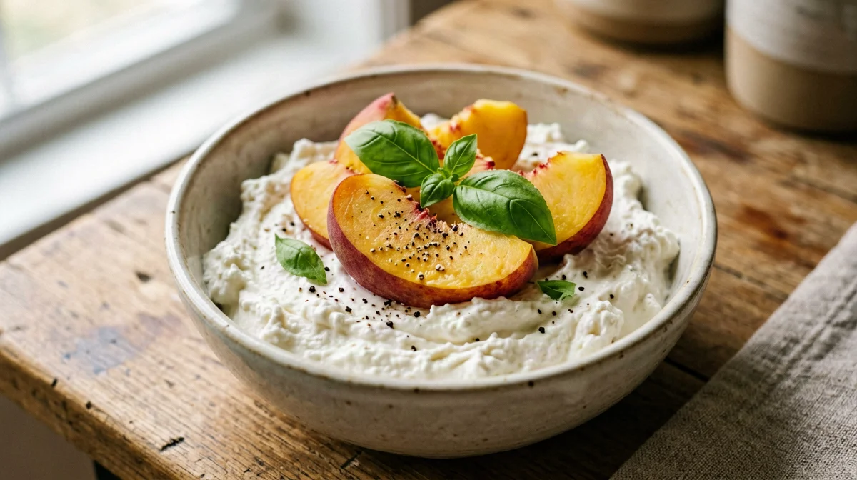 Cottage cheese with peach, basil and pepper
