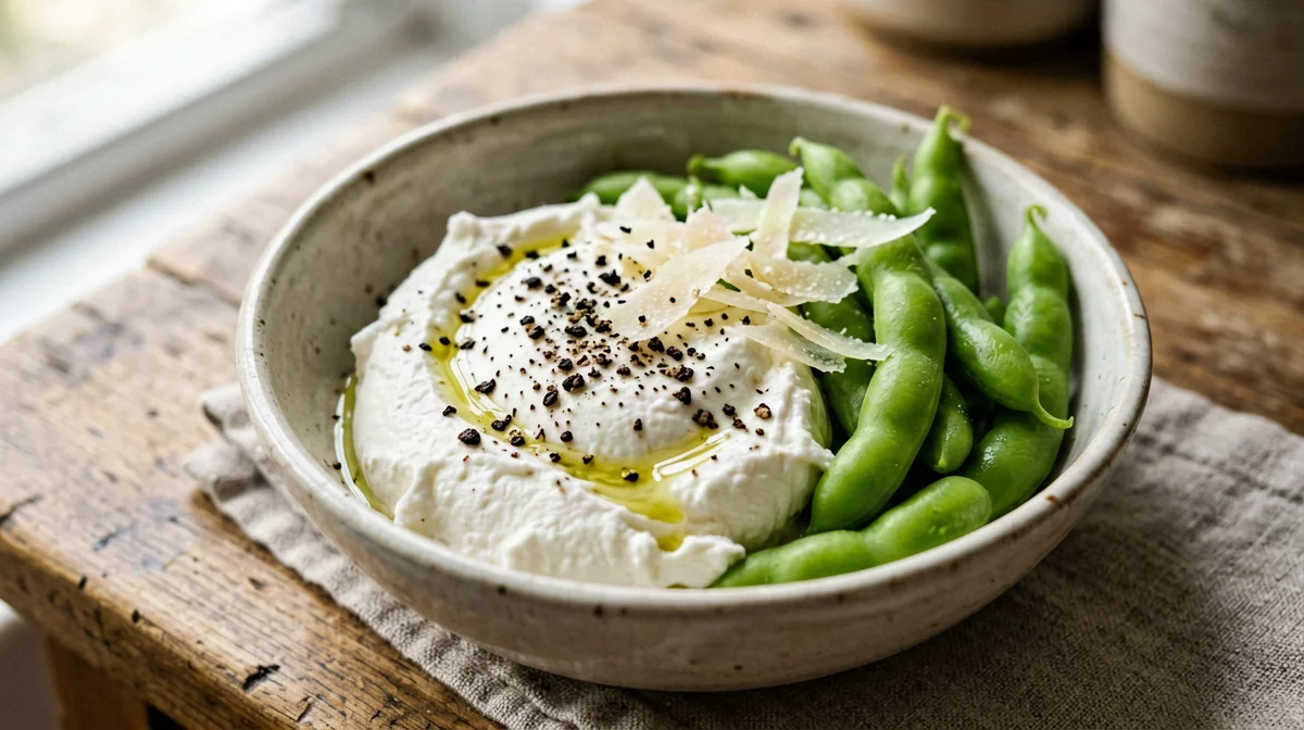 Peppered ricotta with fresh broad beans and pecorino