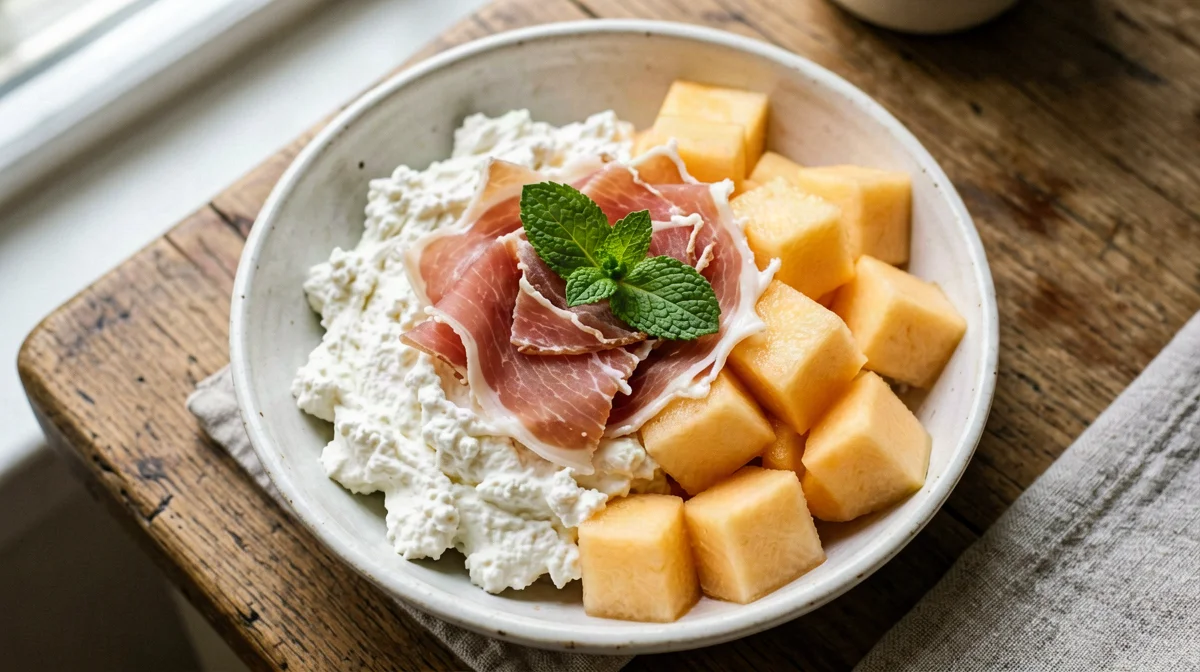 Fiocchi di latte con melone e prosciutto crudo