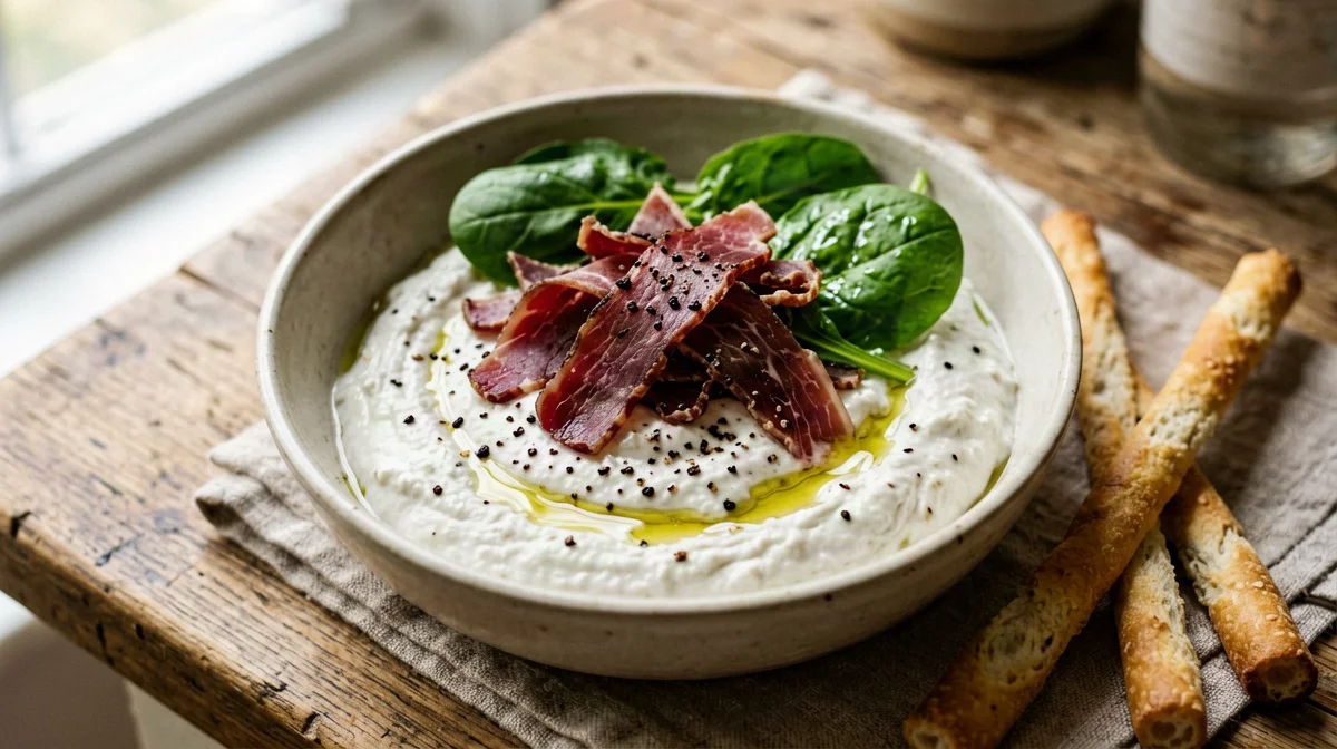 Quark, bresaola and rocket cup with breadsticks
