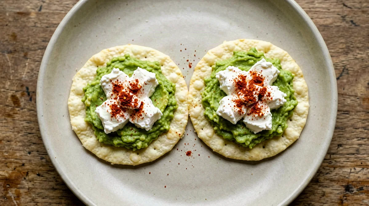 Cottage cheese, avocado and lime on corn cakes