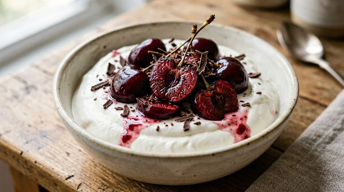Quark con ciliegie e scaglie di fondente