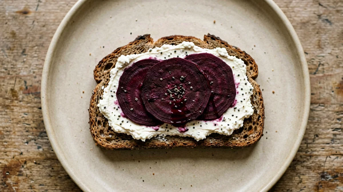 Quark con barbabietola e rafano su pane di segale