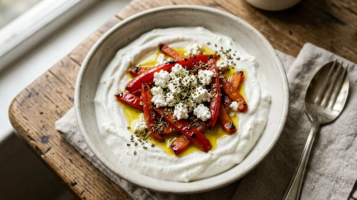 Crema di yogurt greco con peperoni arrostiti e feta
