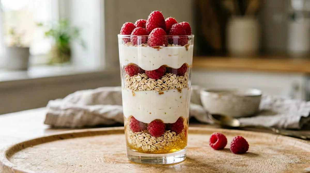 Skyr parfait with oat bran and raspberries
