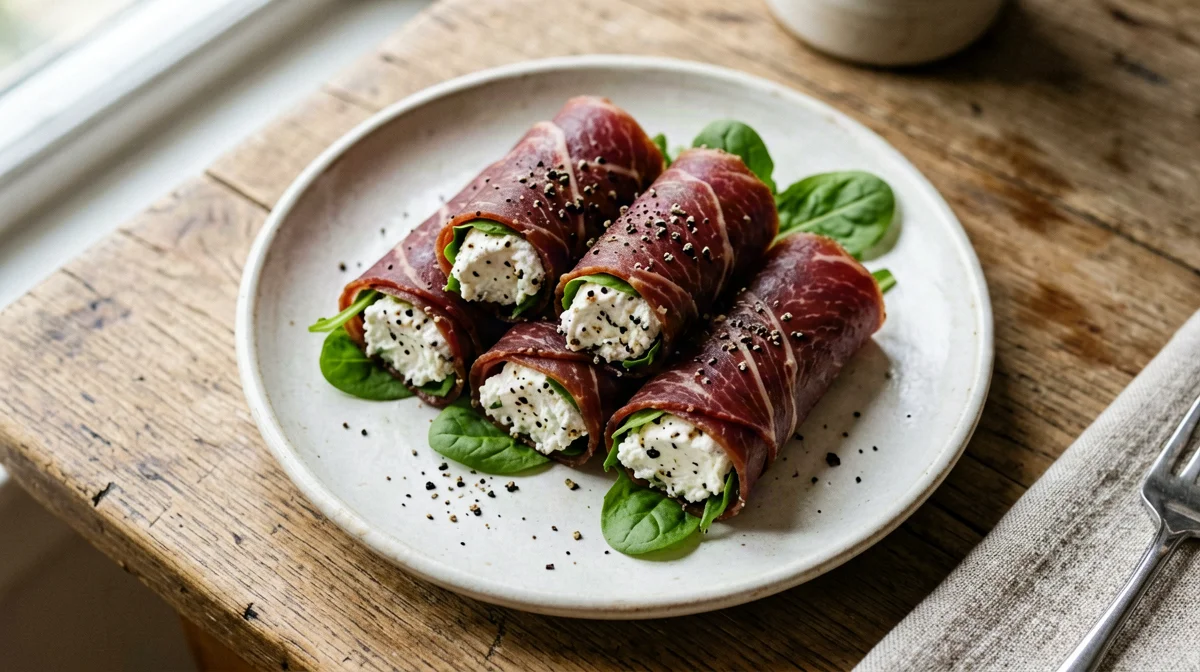 Bresaola and goat's cheese rolls with rocket