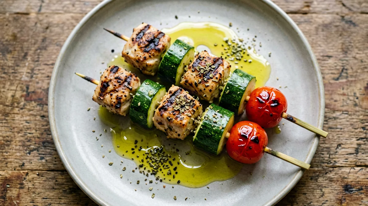 Spiedini di pollo, zucchine e pomodorini