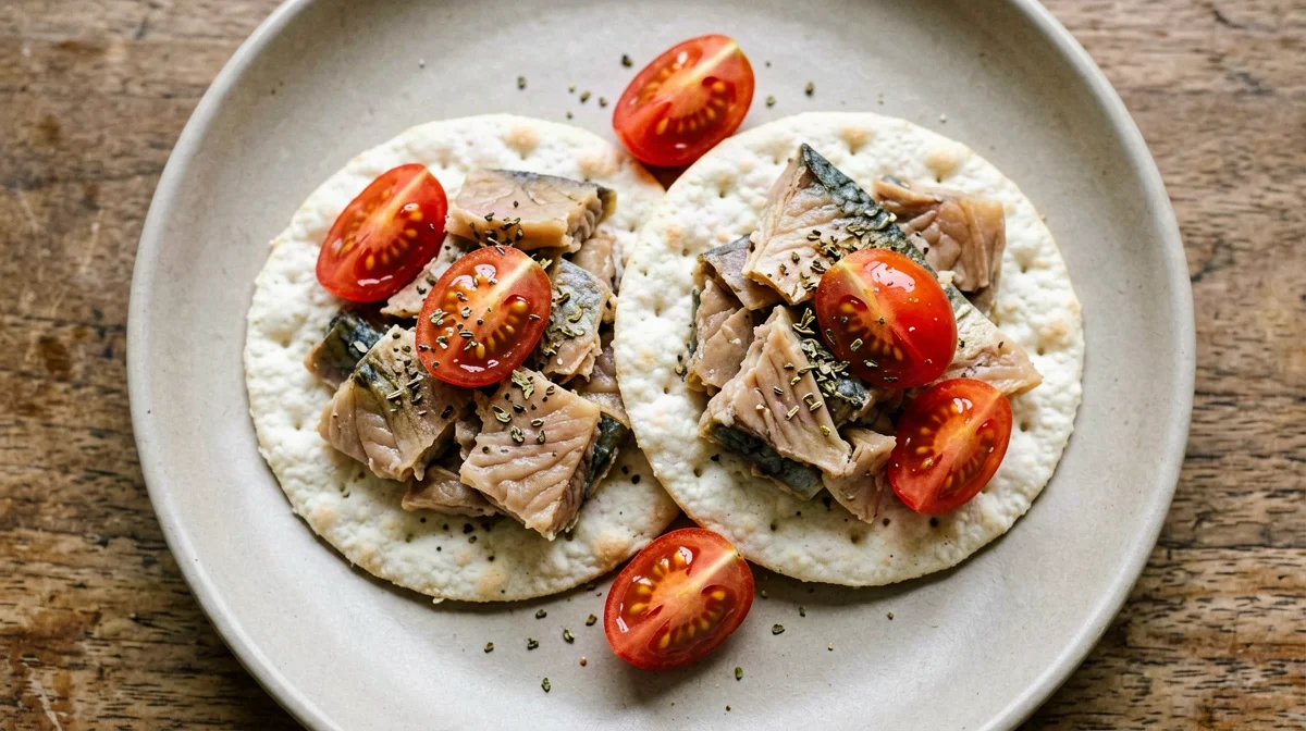 Rice cakes with mackerel and cherry tomatoes