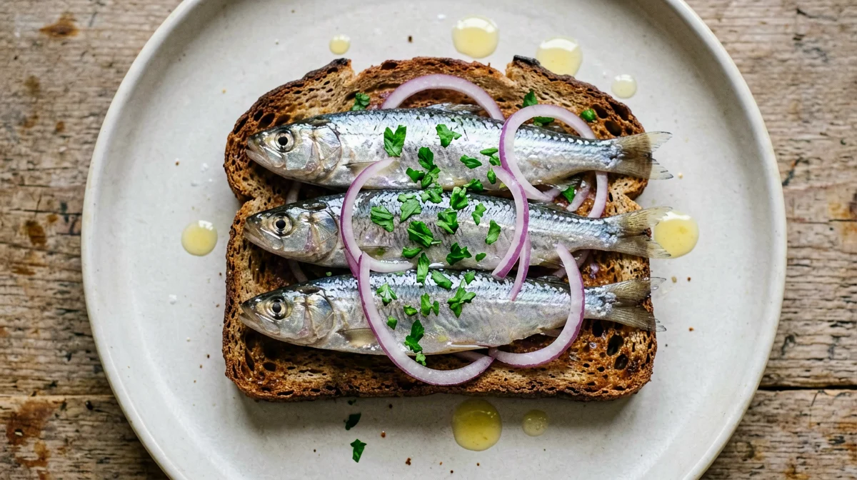 Sardines on rye with red onion