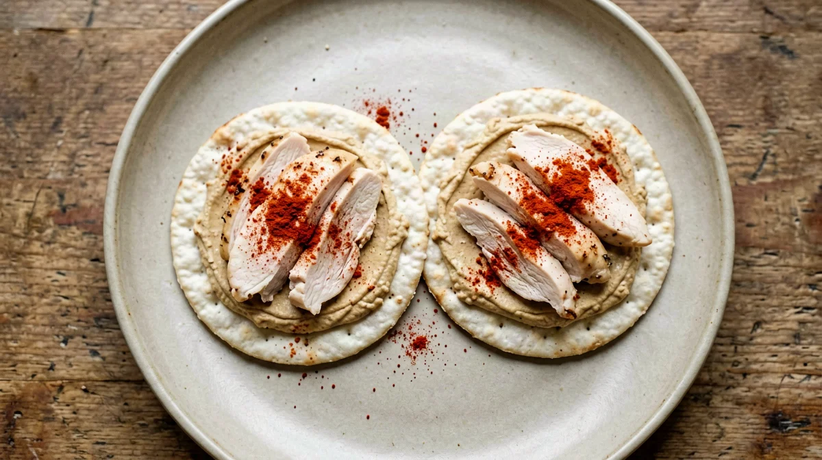 Gallette con pollo affettato, hummus e paprika
