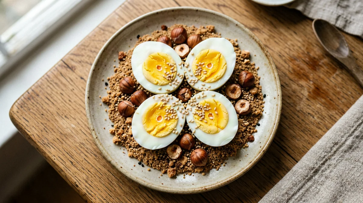 Uova sode con dukkah di nocciole e sesamo