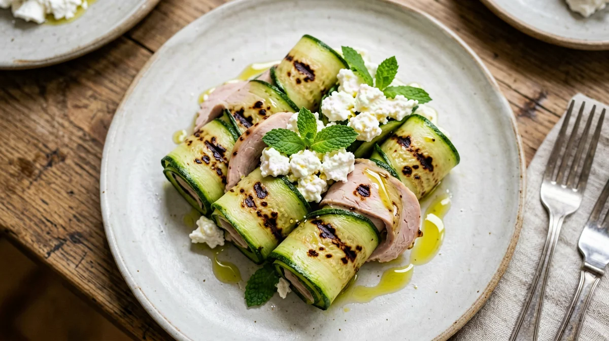 Grilled zucchini rolls with turkey and cottage cheese