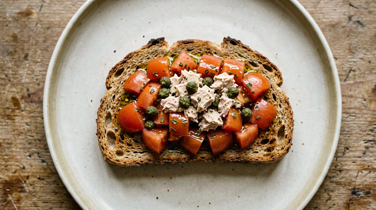 Whole wheat bruschetta with tuna, tomato and capers