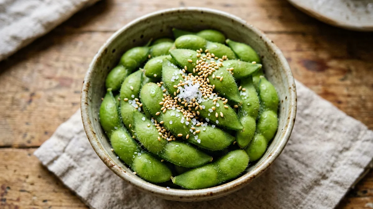 Steamed edamame with salt and sesame