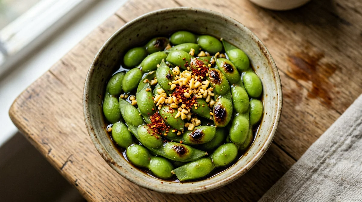 Edamame saltati all'aglio e peperoncino